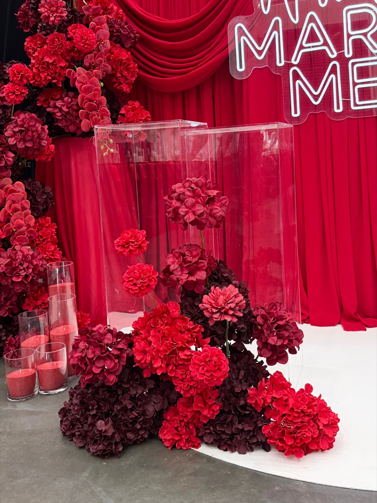Engagement party styling with floral arrangements and elegant backdrops