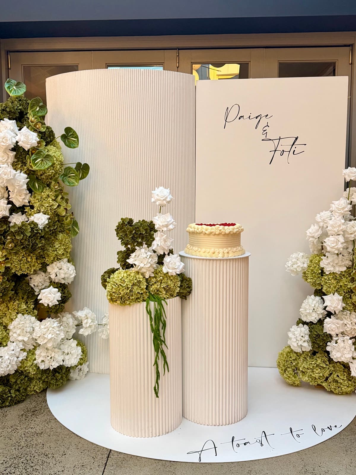 Engagement party styling with floral arrangements and elegant backdrops